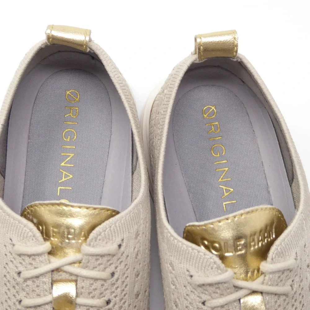 Cole Haan Womens Originalgrand Wingtip Oxfords Stitchlite Beige Gold Knit 6B